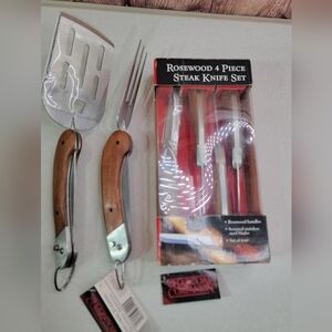 Rosewood Handle Foldable BBQ Tool Set - Silver